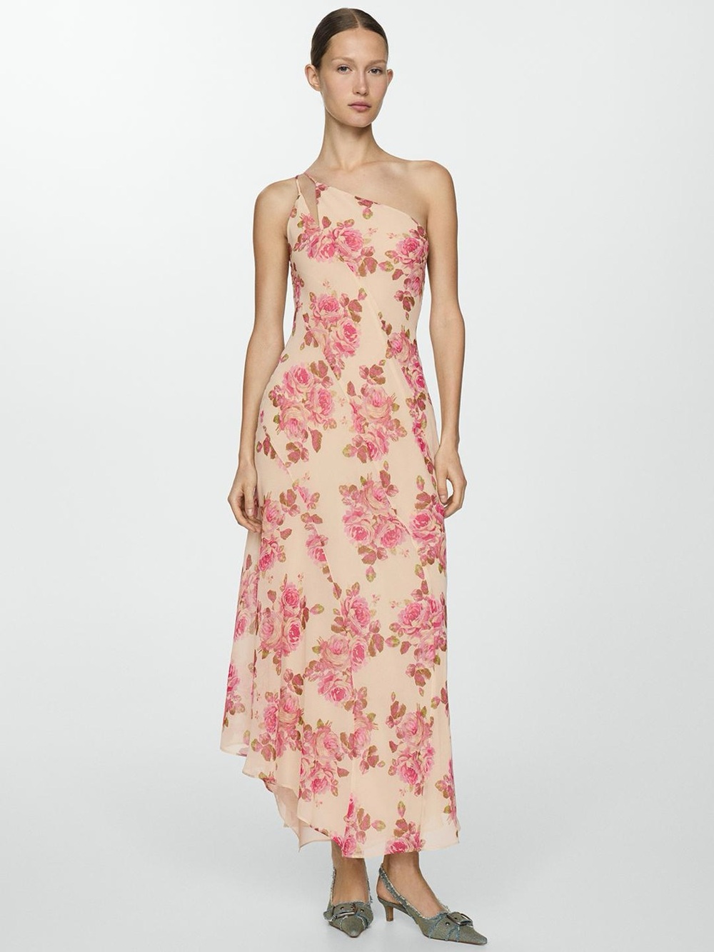 Mango One-Shoulder Floral Maxi Dress in Blush Pink